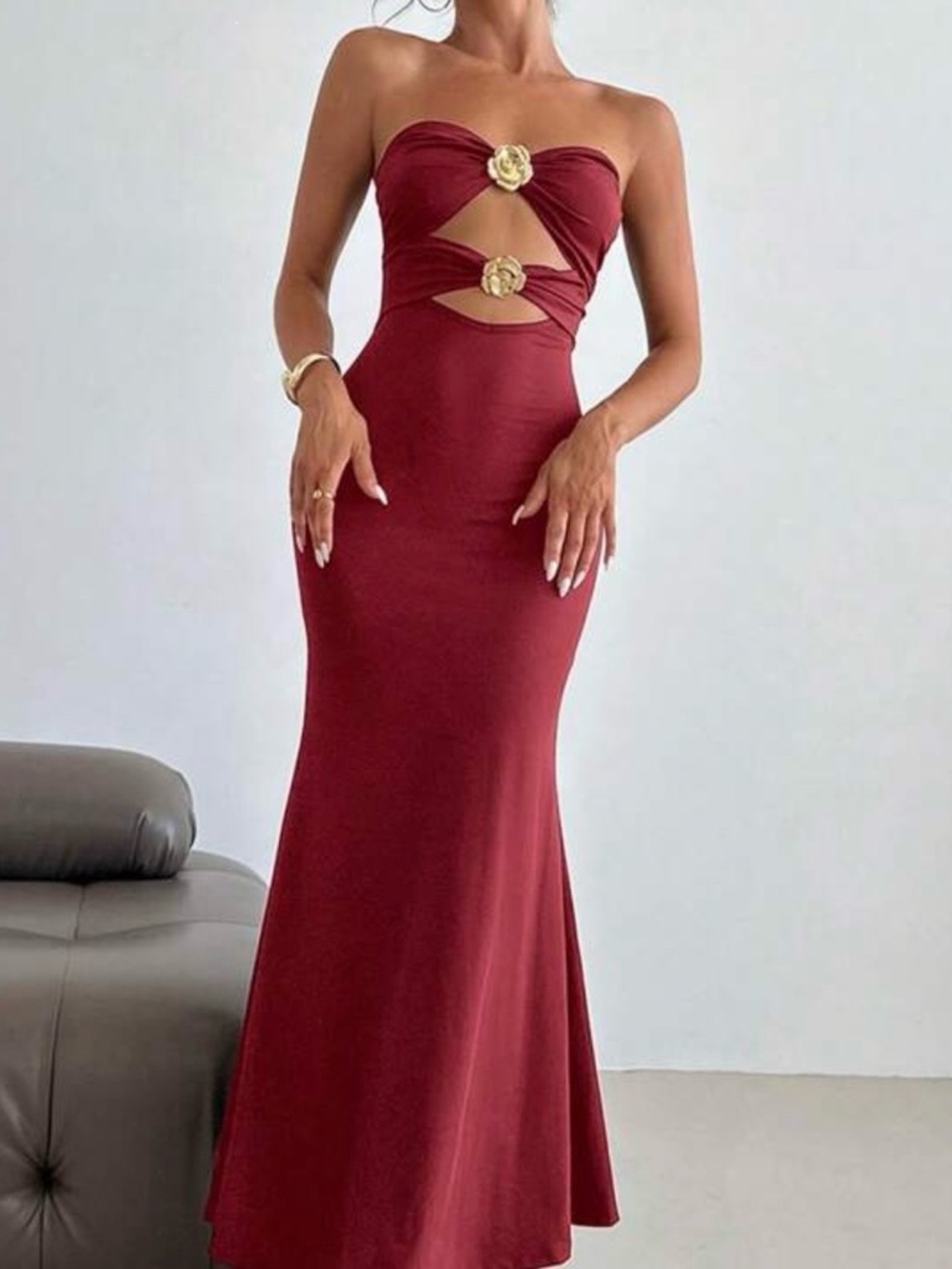 Strapless Cutout Maxi Dress in Wine Red